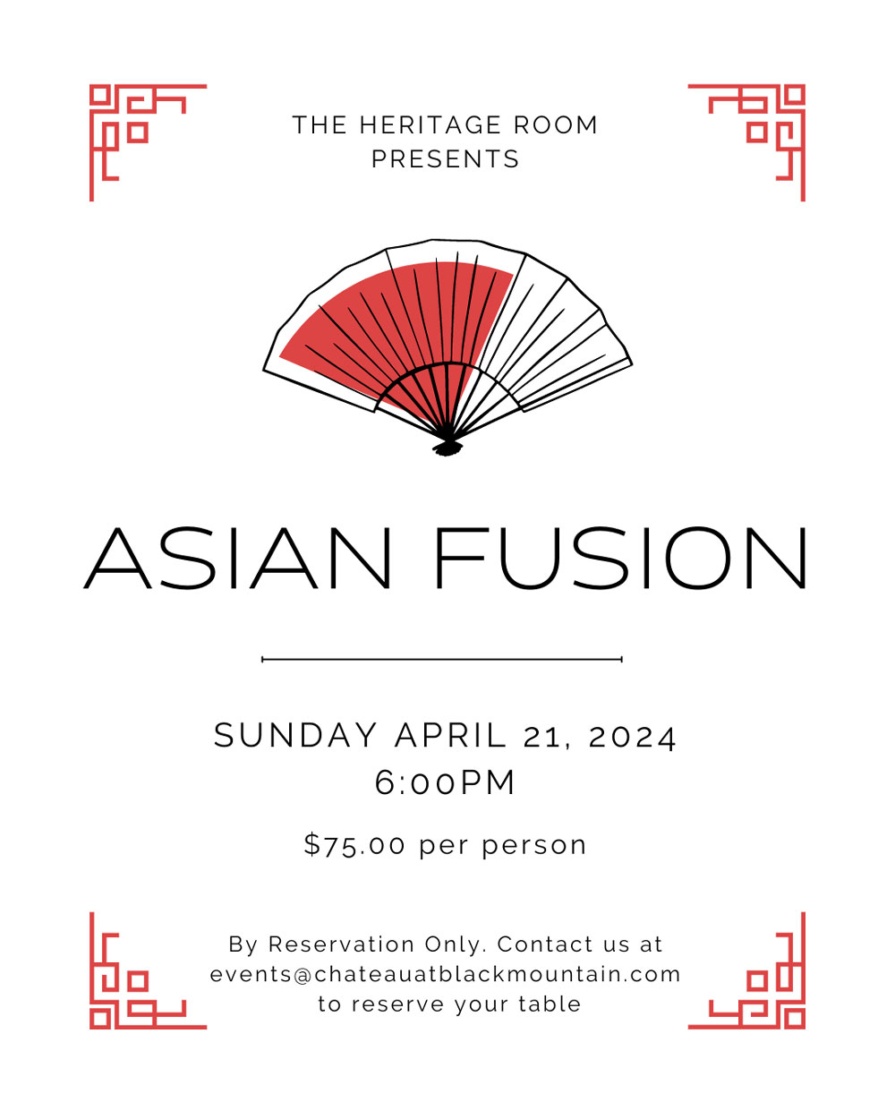 Asian Fusion at the Heritage Room at Chateau at Black Mountain, Sunday April 21, 2024